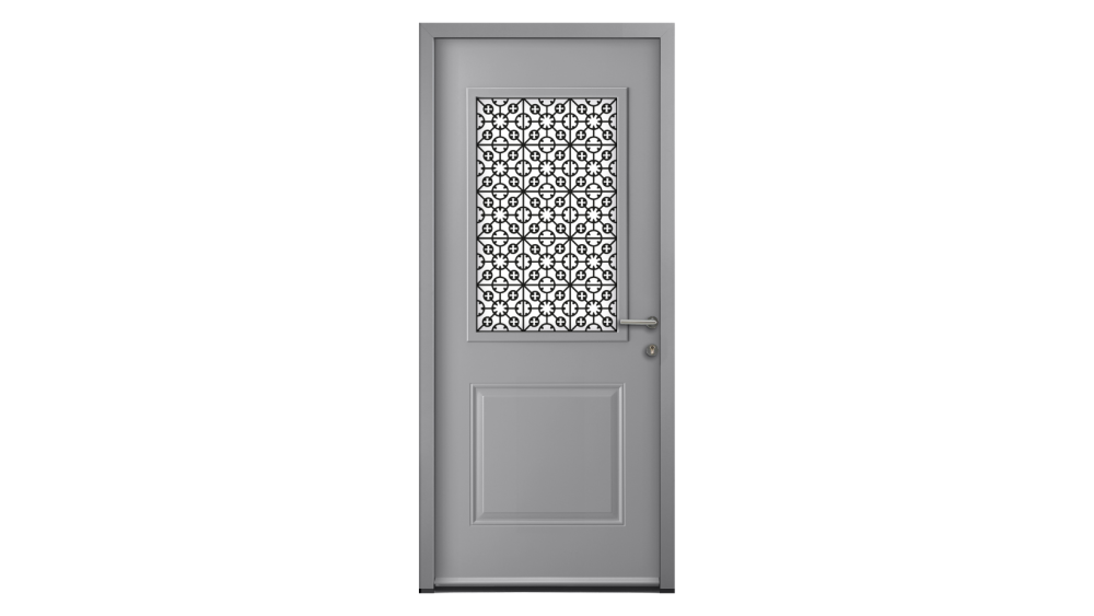 Porte d'entrée acier GLENAN 3 Porte d'entrée grise avec partie en grille sérigraphiée style mozaïque